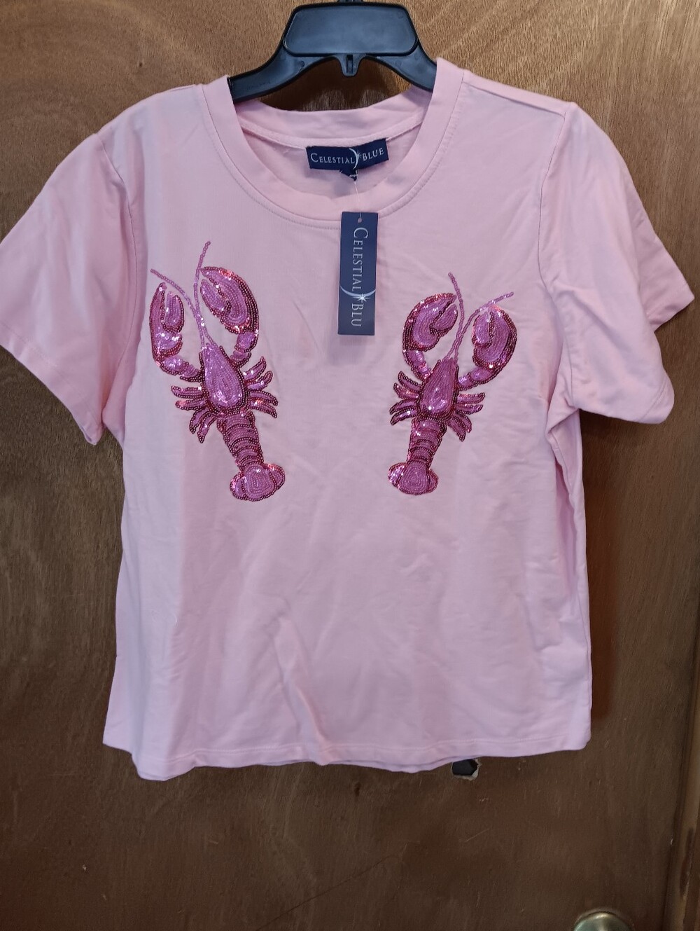 Celestial Blu Womans Pink Sequin Lobster Tee
